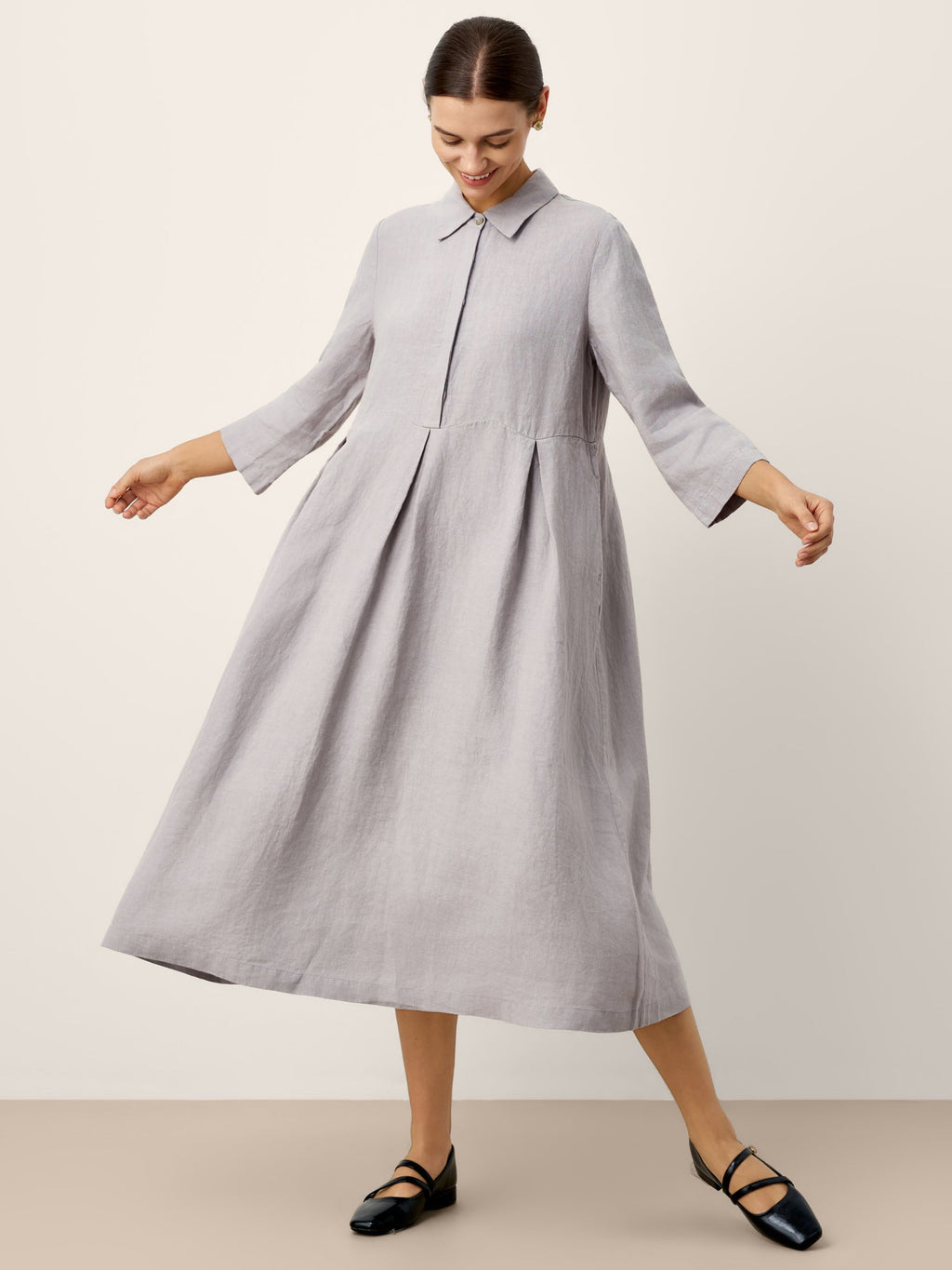 100% Linen Inverted Pleat Curved Seam Maxi Dress VALERIE