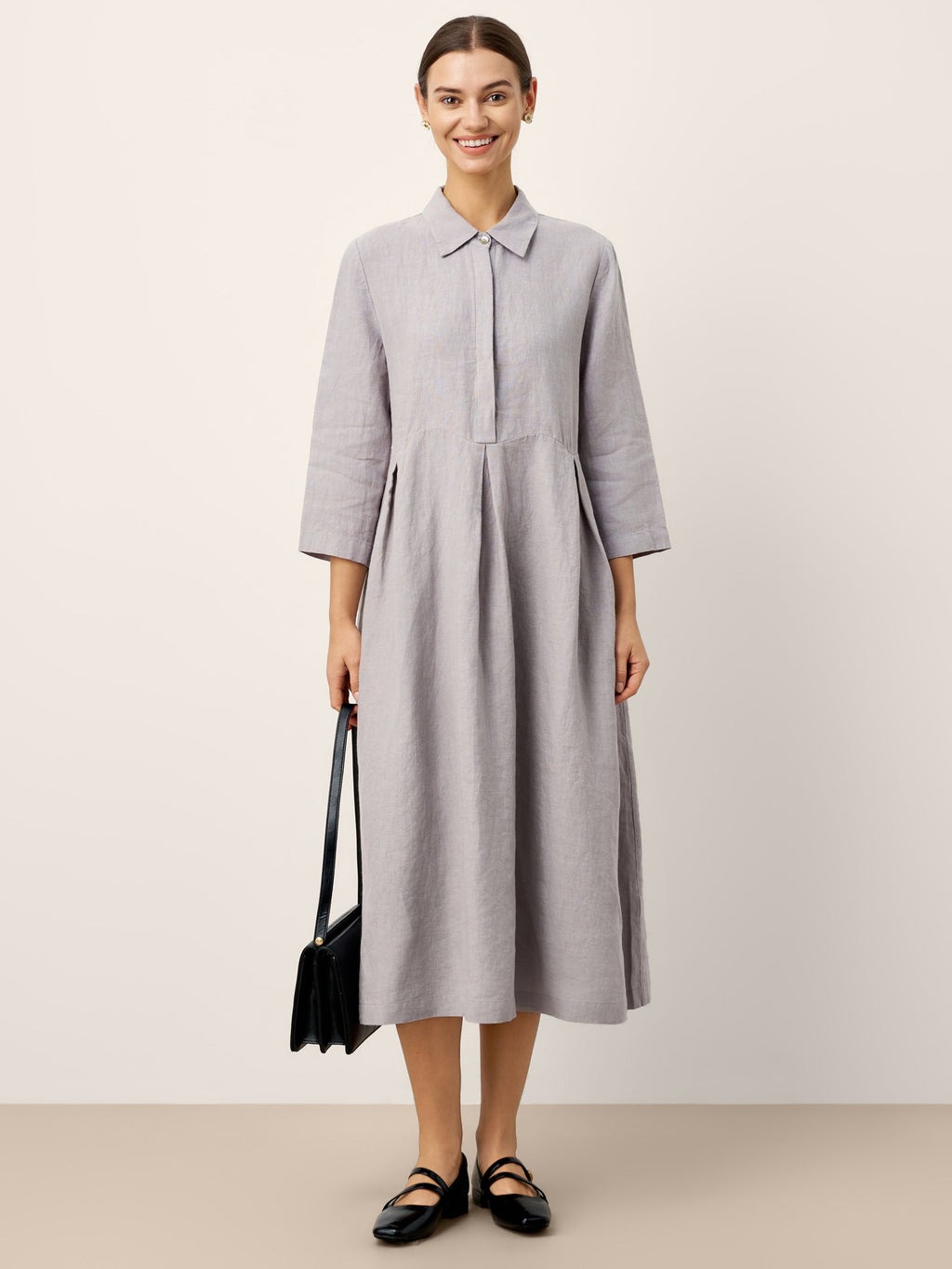 100% Linen Inverted Pleat Curved Seam Maxi Dress VALERIE