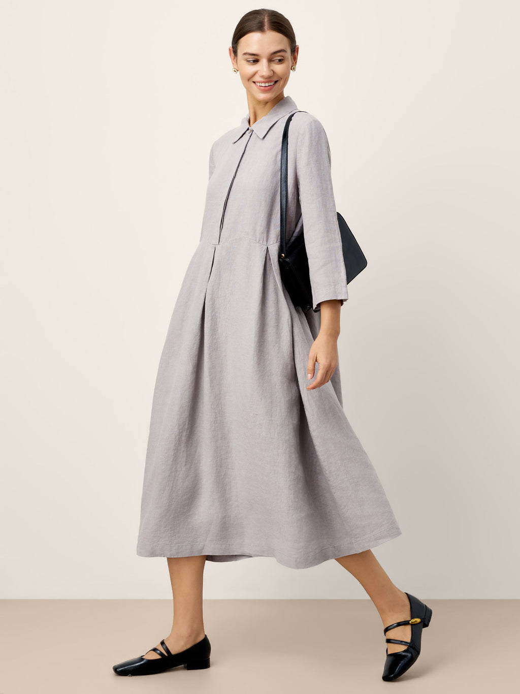 100% Linen Inverted Pleat Curved Seam Maxi Dress VALERIE