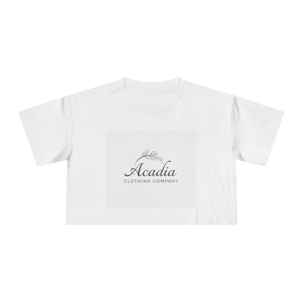 Acadia Clothing Company Logo Crop Tee | Minimal Botanical Logo, White Crop Top
