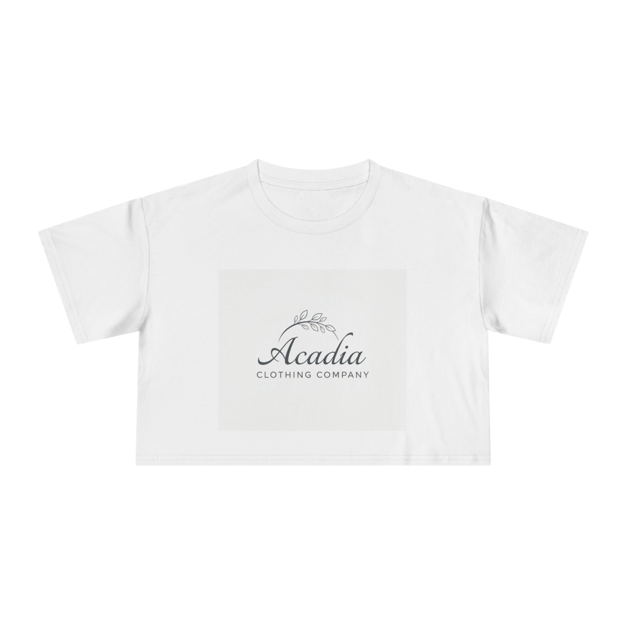 Acadia Clothing Company Logo Crop Tee | Minimal Botanical Logo, White Crop Top