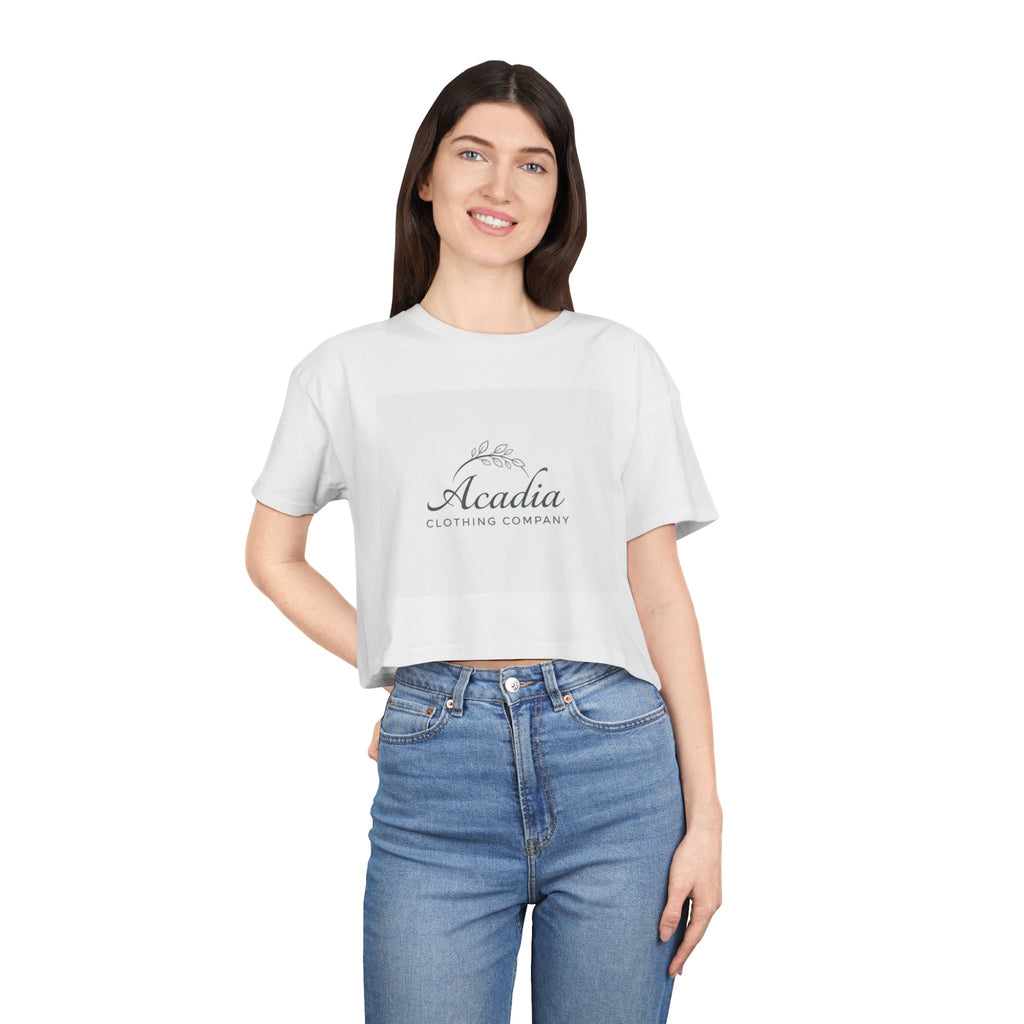 Acadia Clothing Company Logo Crop Tee | Minimal Botanical Logo, White Crop Top