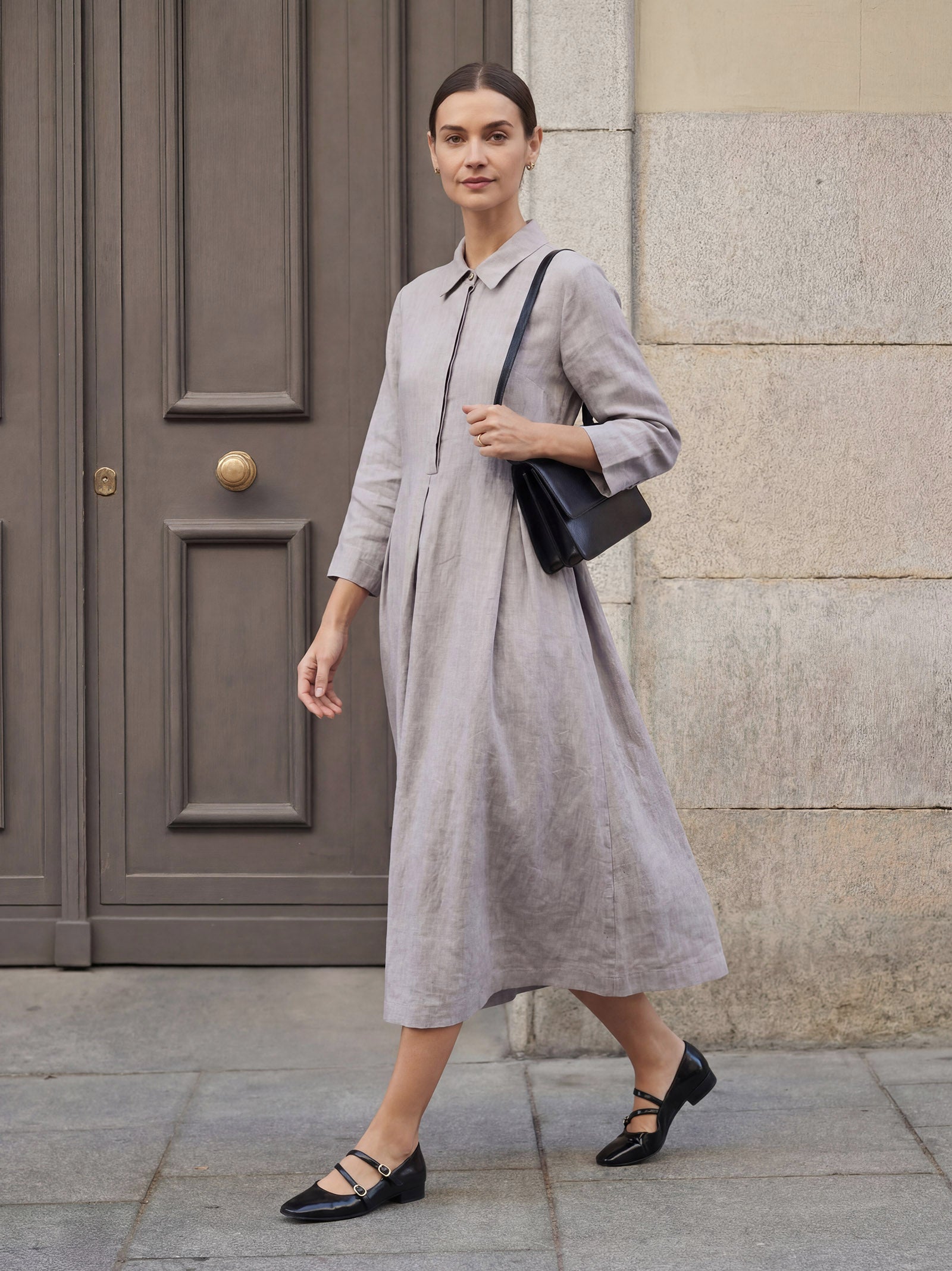 100% Linen Inverted Pleat Curved Seam Maxi Dress VALERIE